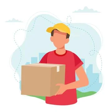 Delivery man holding a parcel box. Delivery service, fast and free shipping Stock Illustration