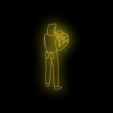Delivery man holding parcel box neon sign isometric view Illustrazione stock