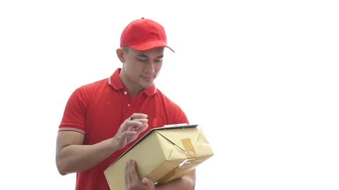 Delivery man holding parcel boxes while signing the document 스톡 동영상 91312273