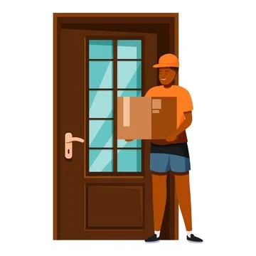 Delivery man holding parcel in front of door delivering package Stockillustratie