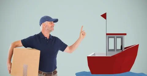 Delivery man holding parcel while pointing at boat Photos