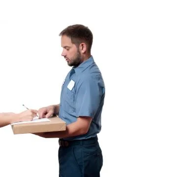 Delivery man holding a parcel while woman putting signature in clipboar.  Cou 写真素材