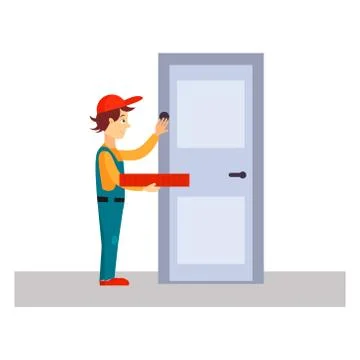 Delivery Man Knocking at Door, Vector Illustration Stock Illustration
