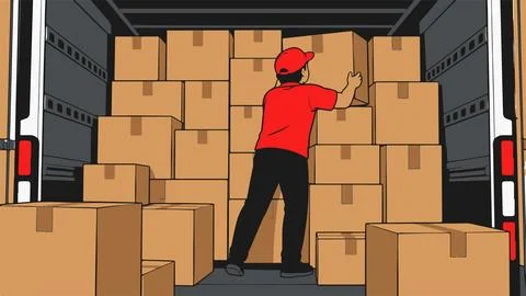 Delivery man loading cardboard boxes into back of truck for shipping Stock Illustration