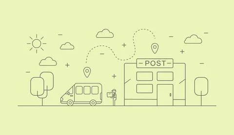 The delivery man loads the boxes into the delivery car from the post office Stock Illustration