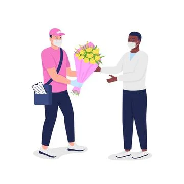 Delivery man in mask with customer flat color vector detailed characters Illustrazione stock