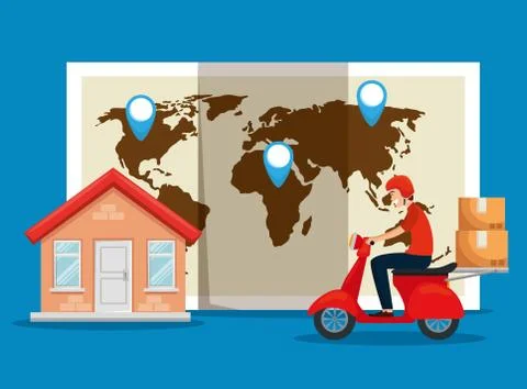 Delivery man with motorcycle and boxes with global map Illustrazione stock