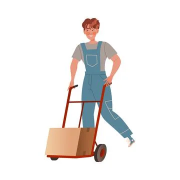 Delivery man in overalls using push cart to move boxes cartoon vector Illustrazione stock