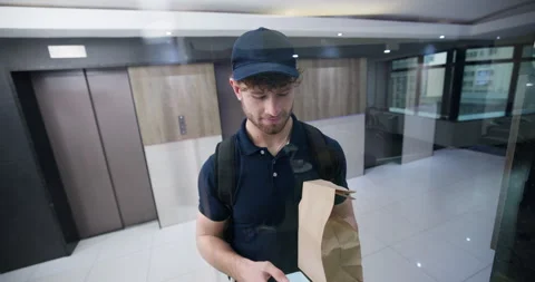 Delivery man, package and bag for parcel, shipping and ecommerce with mobile Stock Footage 280745098