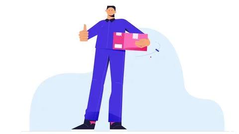 Delivery man with package. Flat style Stock-Illustration