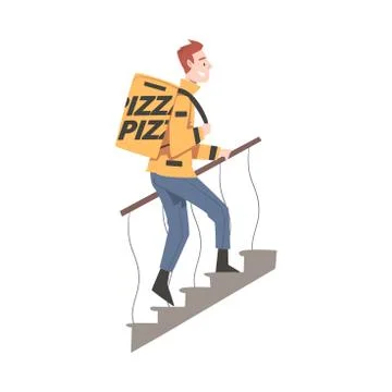 Delivery Man with Parcel Box Climbing Up Stairs, Pizza Delivery Service Cartoon Stock Illustration