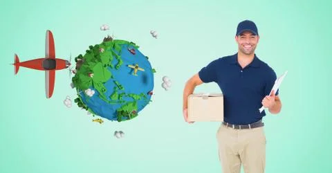 Delivery man with parcel by low poly earth and plane Stock Photos