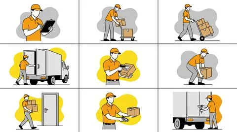 Delivery Man Performing Various Tasks Related to Package Handling and Logis.. Stock Illustration