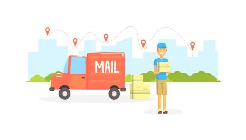Delivery Man, Postman or Courier Delivering Parcels at Post Office Cargo Vehicle Illustrazione stock