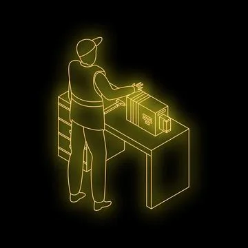 Delivery man preparing package using scanner at desk Illustrazione stock