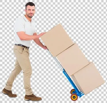 Delivery man pushing trolley of boxes Illustrazione stock