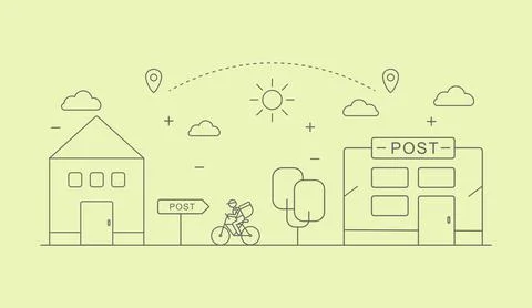 The delivery man rides a bicycle from the client to the post office building Illustration