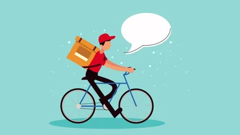 Delivery man riding bicycle with cargo box and speech bubble for message co.. Stock Footage 333721360
