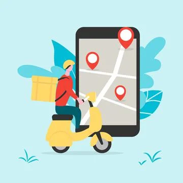 Delivery man riding scooter. Online food order service Stock Illustration