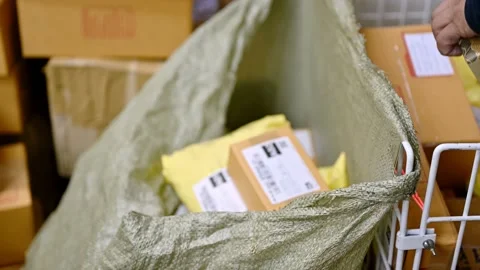 Delivery man scanning and put the parcel into sack from distribution center 스톡 동영상 169362277