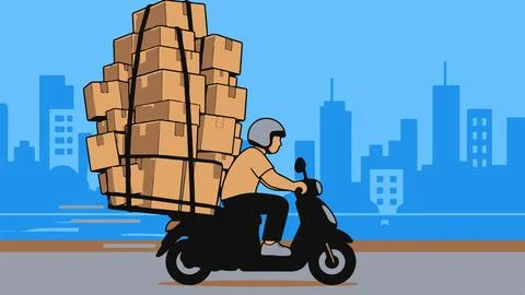Delivery man on scooter carrying stack of packages through city background. Stock Illustration