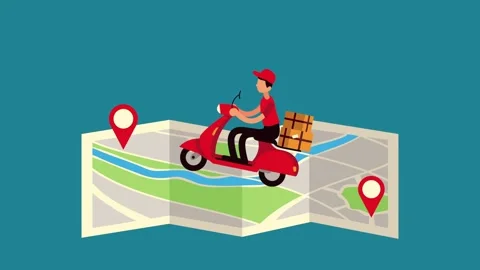 Delivery man on scooter moving across city map with gps location pins anima.. Stock Footage 333428861