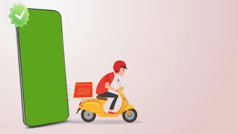 Delivery man with scooter out from phone screen. Smartphone alpha with Delivery  Stock Footage 130161353
