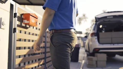 Delivery man sending parcel postal package order comes Stock Footage 123038047