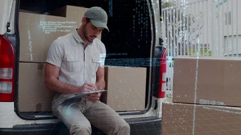 Delivery man sitting on the back of a van Vídeos de archivo 107646429