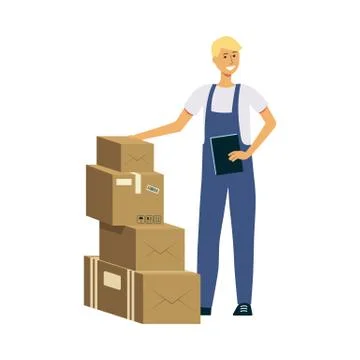Delivery man with stack of boxes, male cartoon character in courier work uniform Stock Illustration