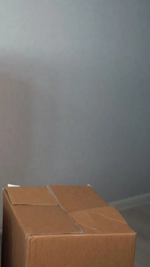 Delivery man stacking heavy cardboard boxes for moving, showing package handling Stock-Footage 344798785