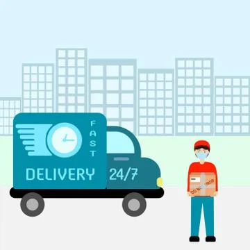 The delivery man is standing with a box in his hands near the car. Ilustración de archivo