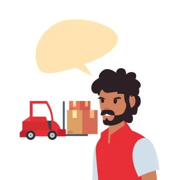 Delivery man talk bubble forklift packages Stockillustratie