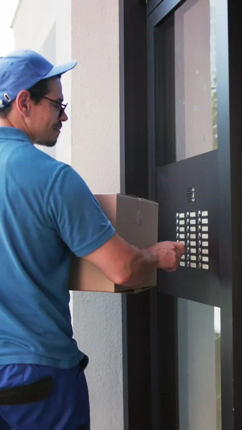 Delivery Man Using Intercom System For Entry Stock Footage 314137409