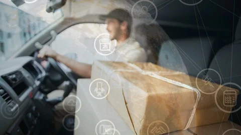 Delivery man in van with interface overlay Stock Footage 98076616