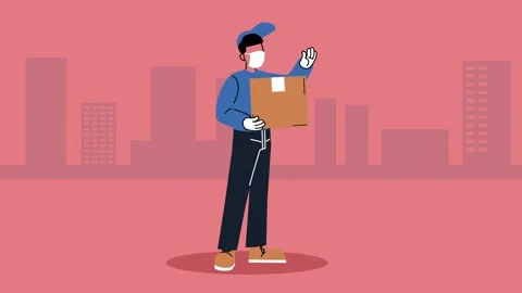 Delivery man wearing face mask and gloves holding a box on a city backgroun.. Vídeo Stock 338401970