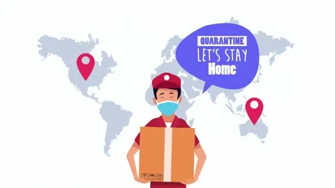 Delivery man wearing protective mask and holding box with quarantine messag.. Stockbeeldmateriaal 339211615