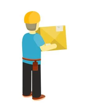 Delivery Man Worker Holds Package in his Hands 库存插图