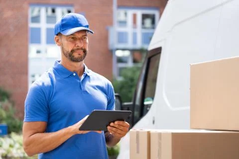 Delivery Man Worker Using Tablet Stock Photos