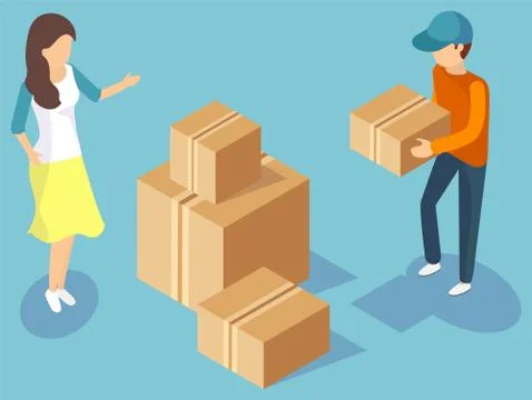 Delivery Men Transporting Cardboard Boxes Vector Stock Illustration