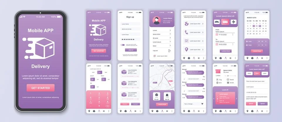 Delivery mobile app interface screens template set. Online account, logistic  Stock Illustration