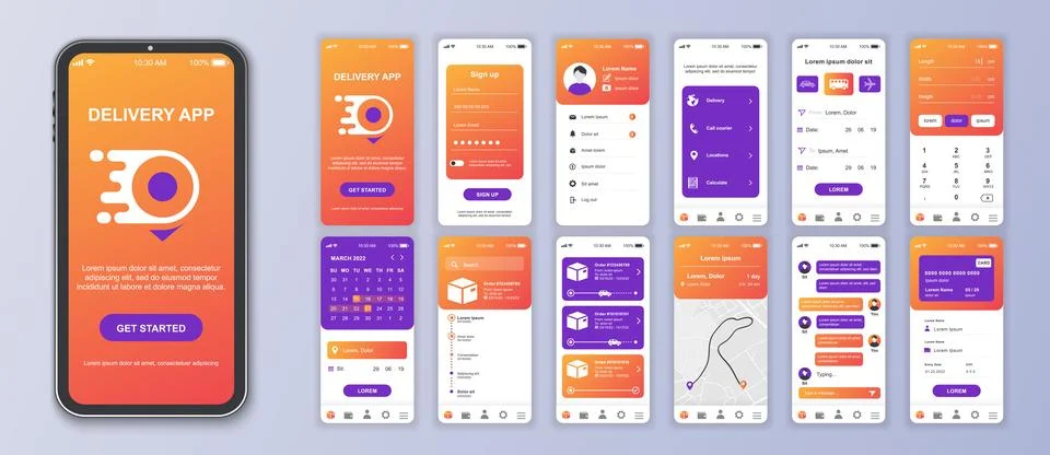 Delivery mobile app interface screens template set. Online account, courier s Stock Illustration