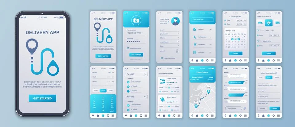 Delivery mobile app interface screens template set. Account login, logistic.. Illustrazione stock