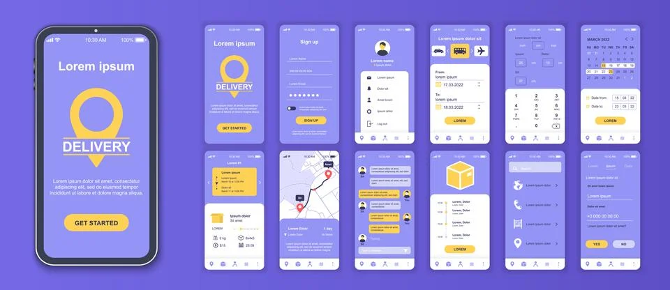Delivery mobile app interface screens template set. Account login, ordering.. Stock Illustration