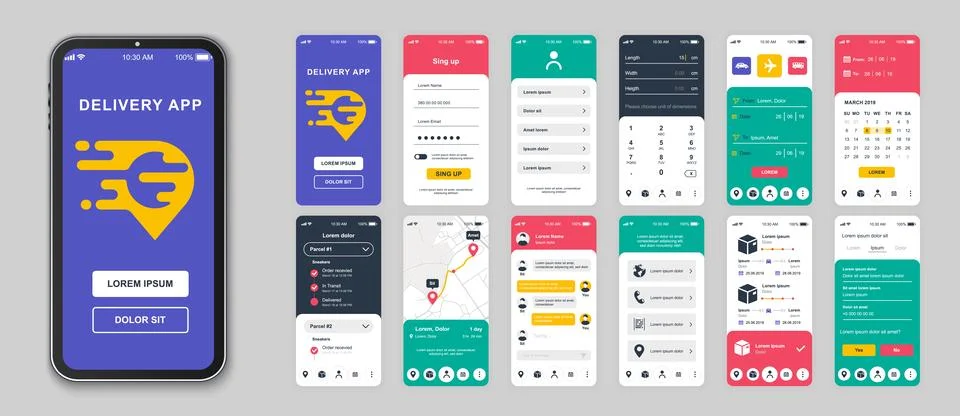 Delivery mobile app screens set for web templates. Pack of login, ordering pa Stock Illustration