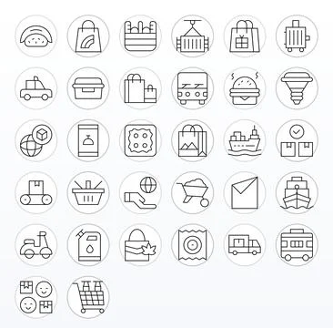 Delivery Modern Vector Collection with 32 Thin Line 128x128 Pixel Aligned Ico Illustrazione stock