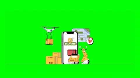 Delivery Moped Driving with Packages, Maps, Drone and Mobile App in Backgroun Stock Footage 333372638