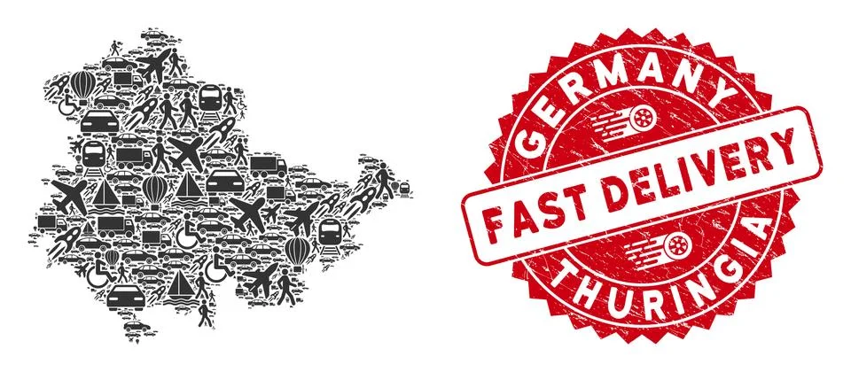 Delivery Mosaic Thuringia Land Map with Grunge Fast Delivery Seal Illustrazione stock