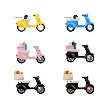 Delivery motorcycles flat color vector objects set Stock Illustration