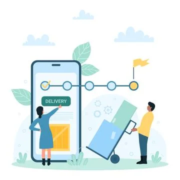 Delivery order steps presentation in mobile app, tiny people with cart full of Stock Illustration